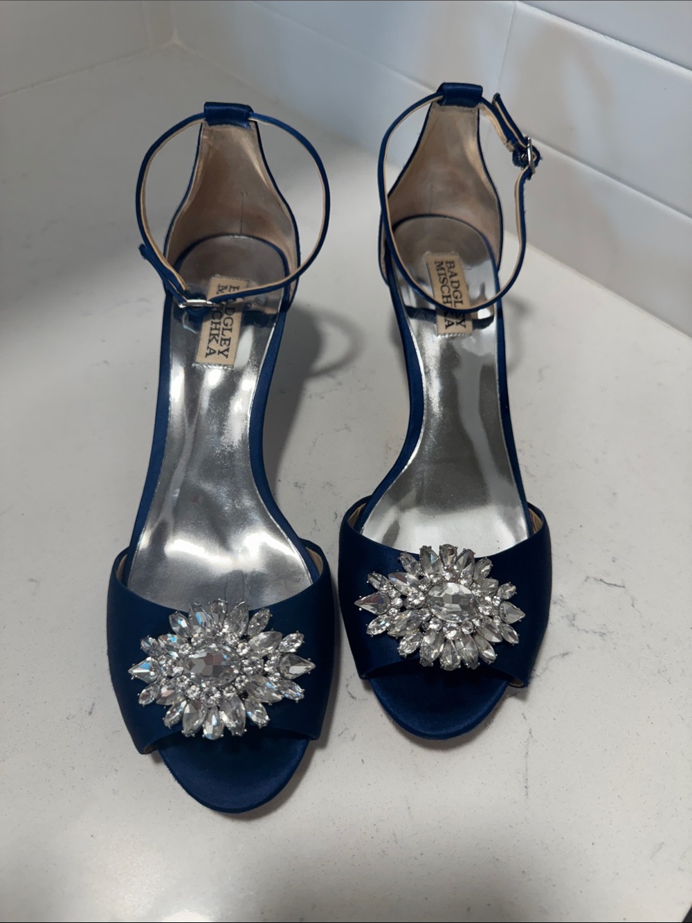 Badgley Mischka Navy Satin Crystal-Embellished Open-Toe Ankle-Strap Heels